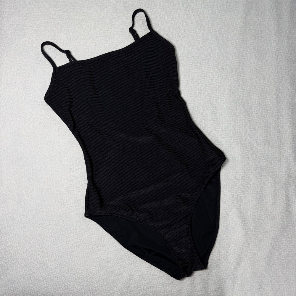 Aerie Real Good Black Ribbed One Piece Swimsuit Full Coverage Size L Long